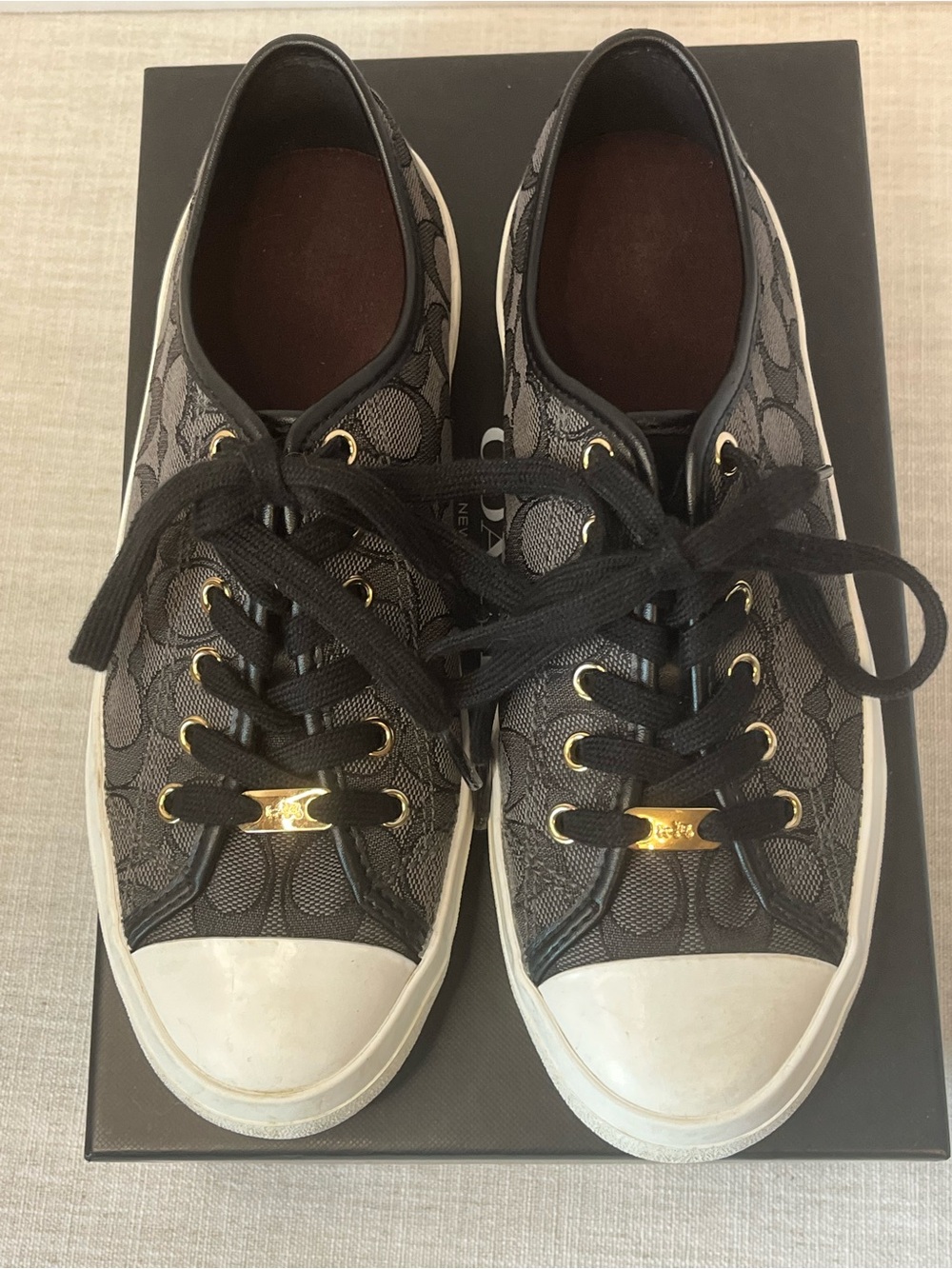 Coach Black Signature Logo Lace-Up Sneakers with Gold Accents